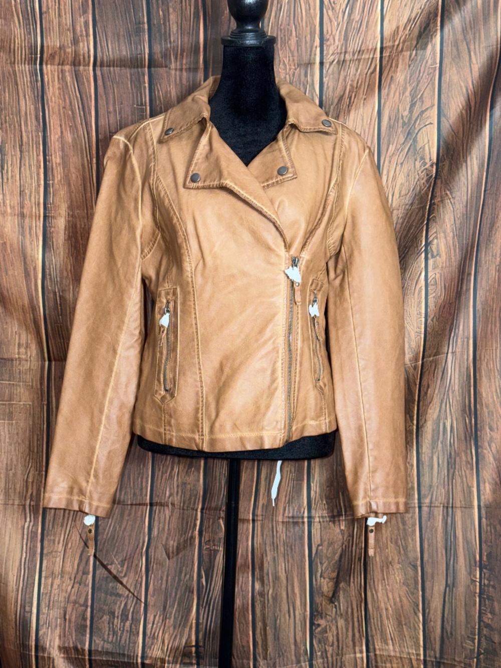 Max Studio Cognac Brown Faux Leather Moto Biker Jacket Small NWT